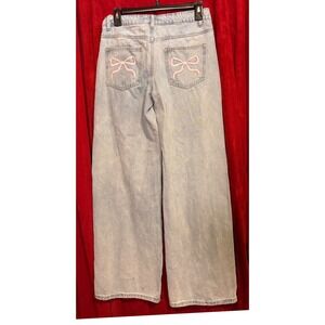 Edikted Wide Leg Jeans teen size 5 Light Blue Good Pink Bow Embroidery Y2K Denim